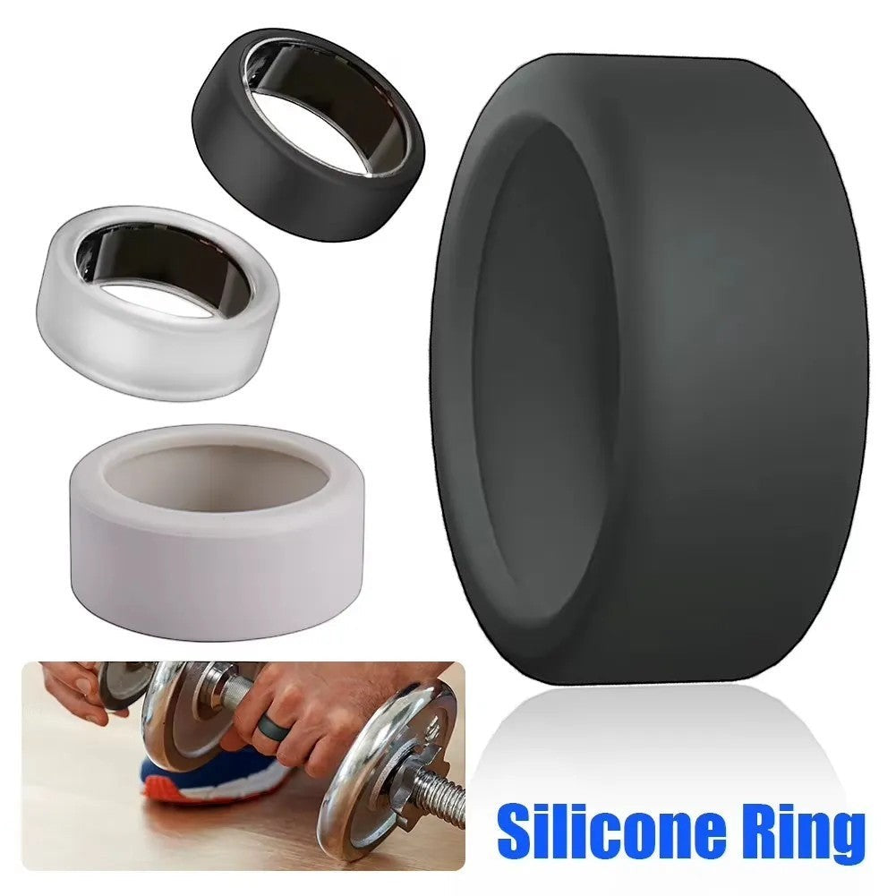 Jones Cartel black and clear silicone smart ring protectors for active wear, shown with a hand lifting weights.