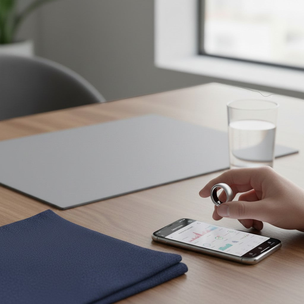 Jones Cartel clear silicone smart ring protector shown on a finger above a smartphone displaying health data.